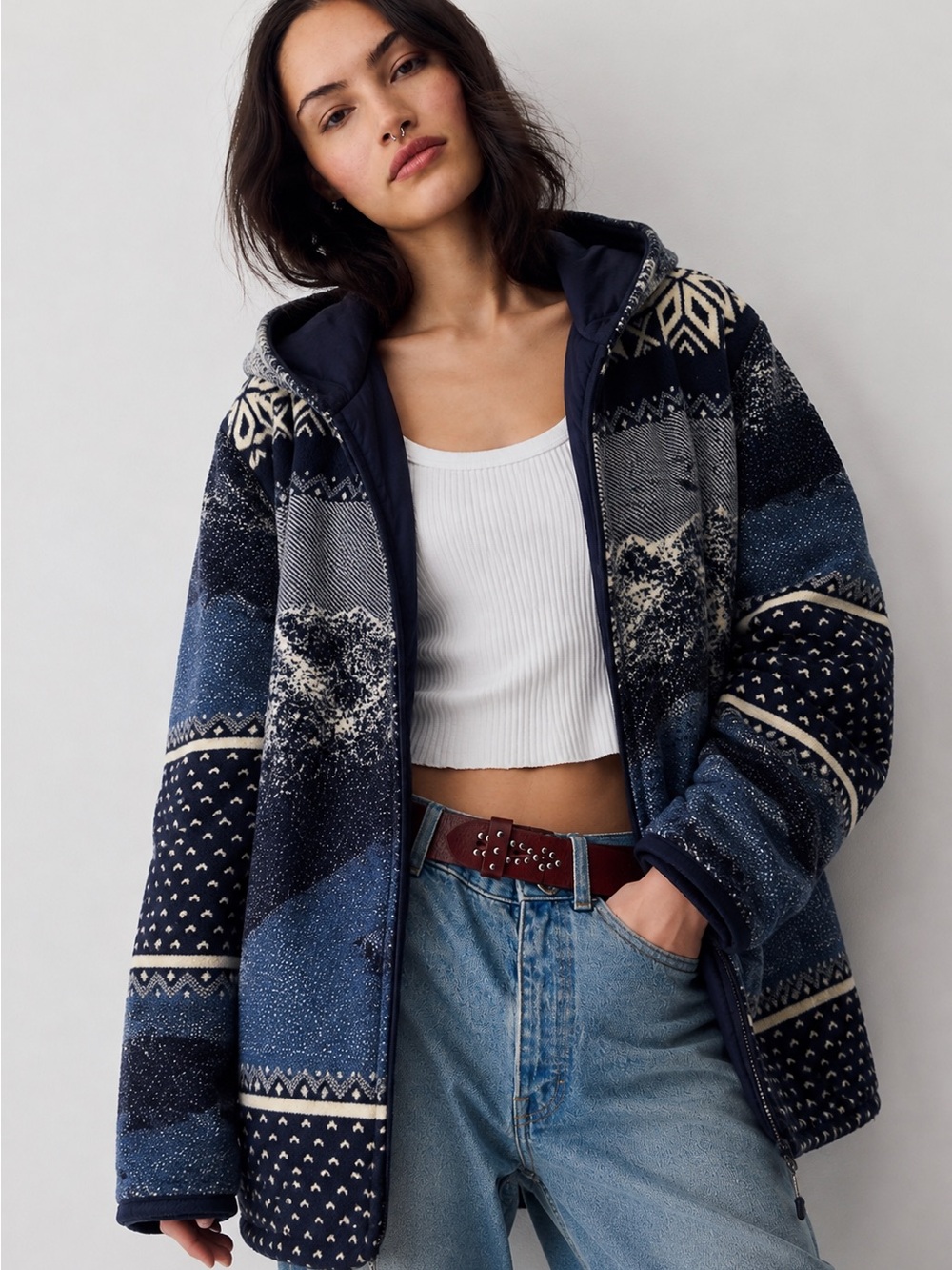 Navy Fair Isle Hooded Sweater Jacket - Women
